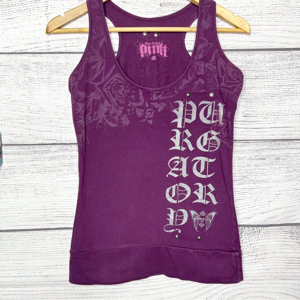 Vintage Y2K Black Label Pink Purple Graphic Racerback Tank Top Size Medium Moto